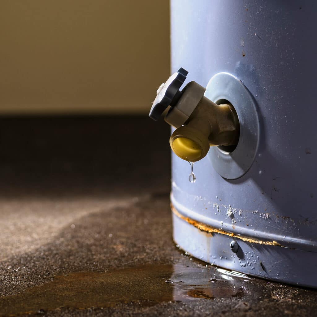 Leaking water heater drain valve causing water buildup at base of tank