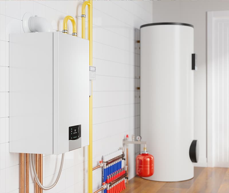 Tankless and traditional water heater installation system inside a residential utility room