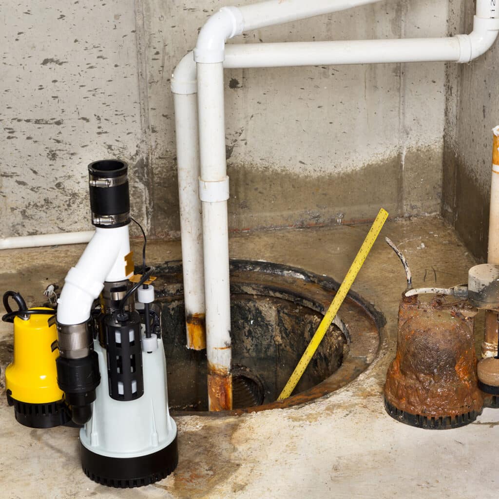 New sump pump installation beside basement sump pit for flood protection